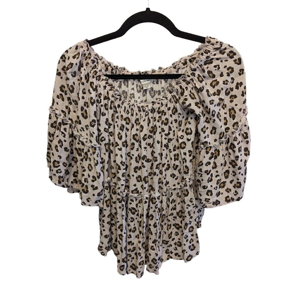 American Eagle Cheetah Leopard Print Blouse Top Tiered Ruffle Off The Shoulder W